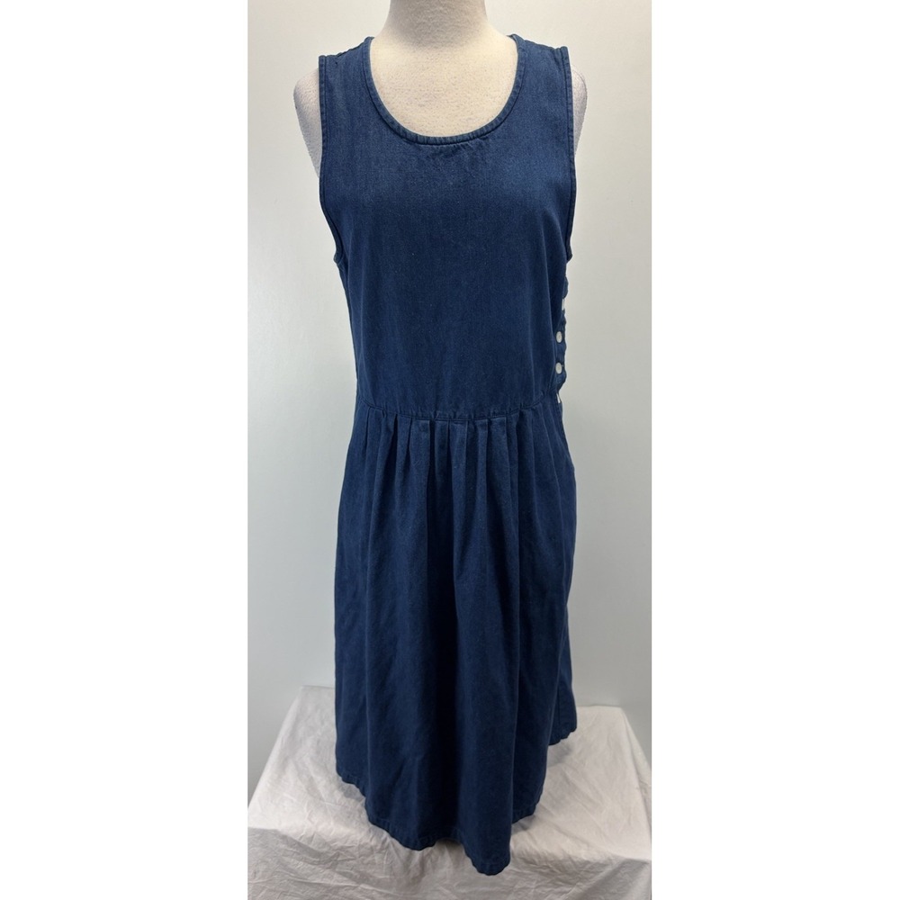Vtg Eddie Bauer 100% Cotton Denim Sleeveless Midi Jumper Dress Women's M 1990s